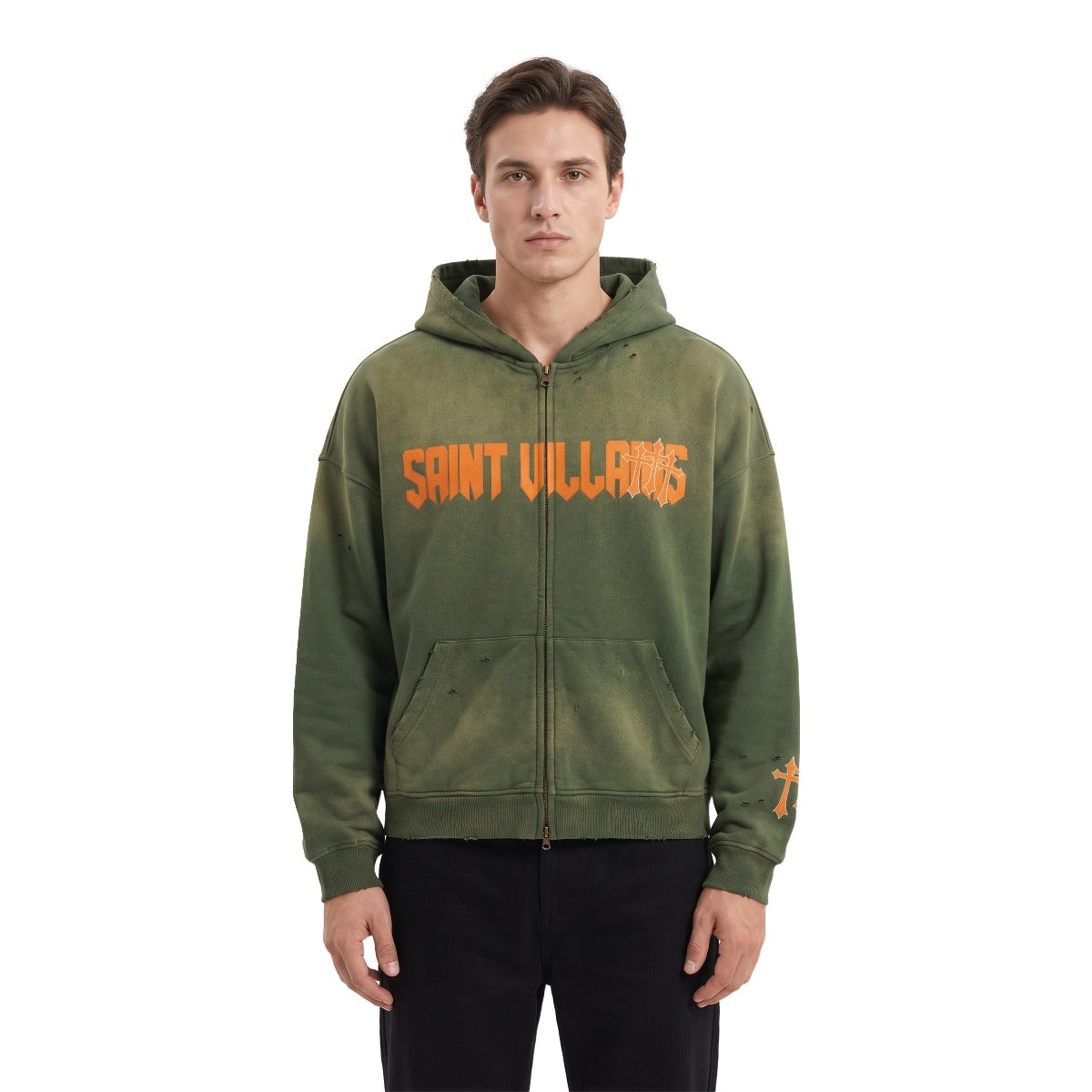 Saint Villains Green Redemption zip hoodie on model, white background