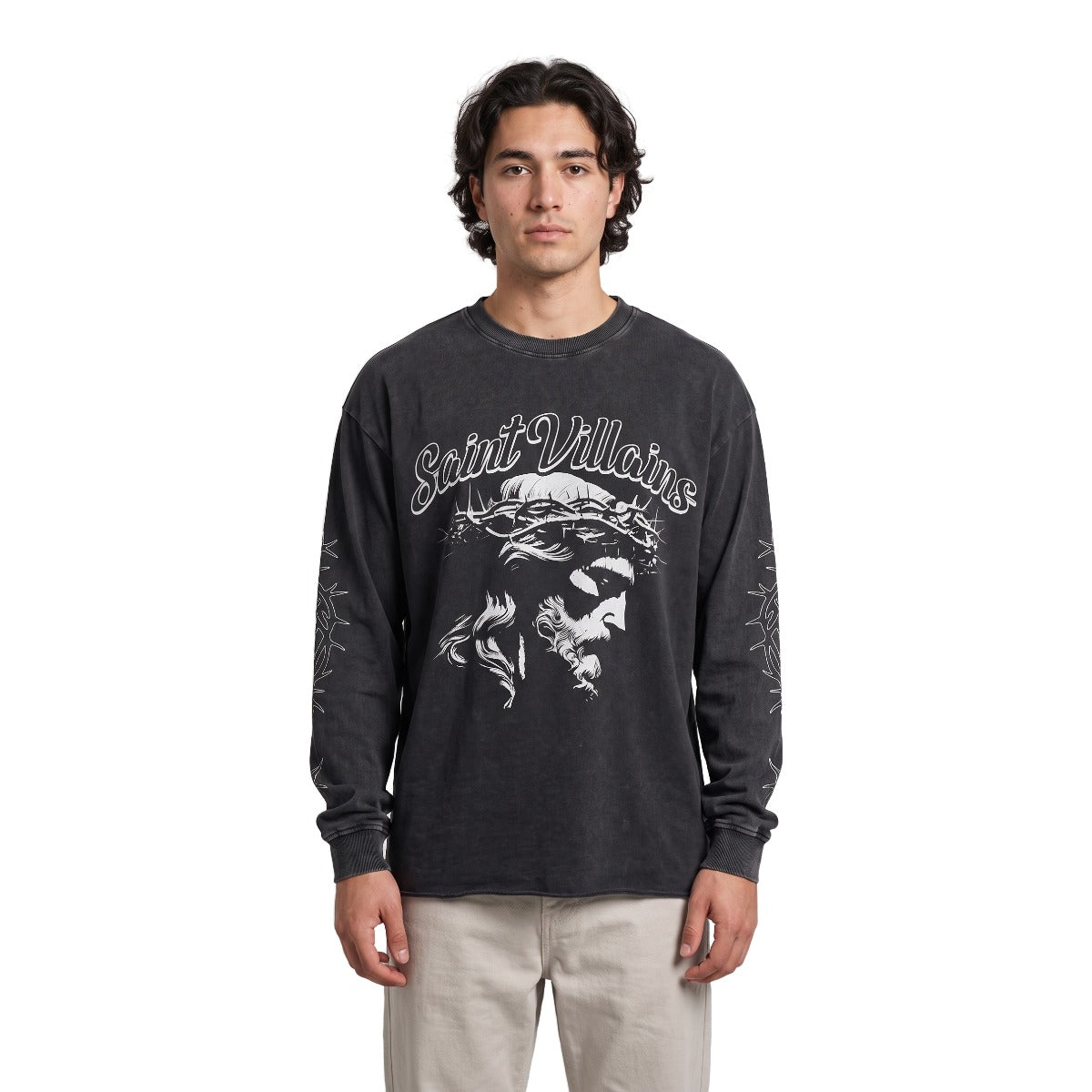 Saint Villains Faded Thorns of Jesus long sleeve on model, white background