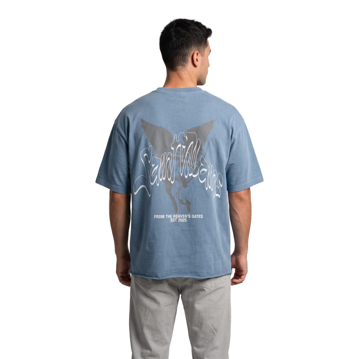Saint Villains From The Heaven's Gates back print t-shirt on model, white background