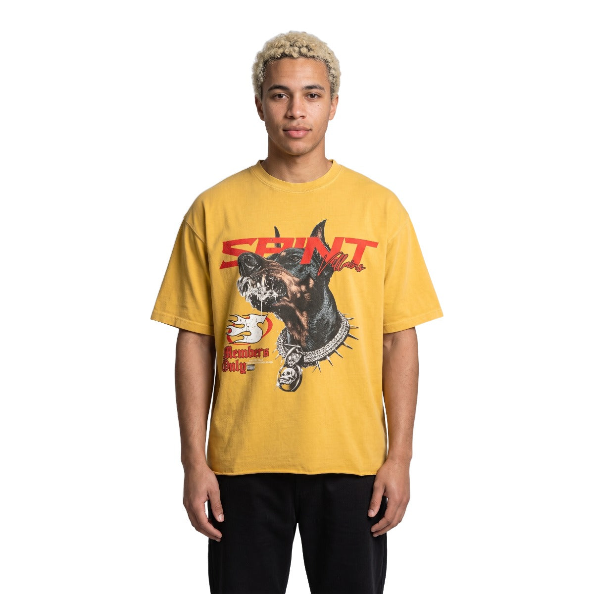 Saint Villains Red For All The Dogs graphic t-shirt on model, white background