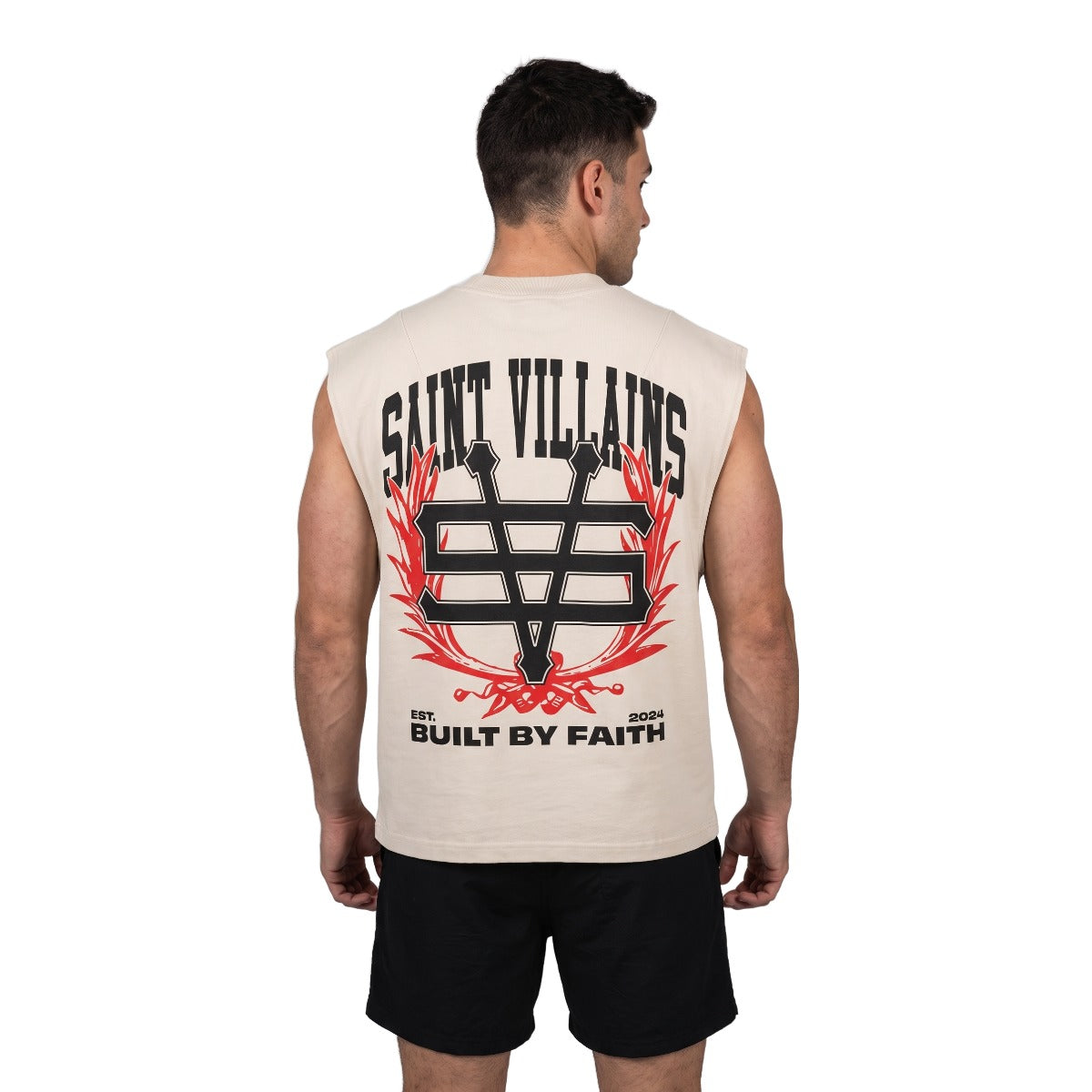 Saint Villains Built By Faith light beige cut off tank on model, white background