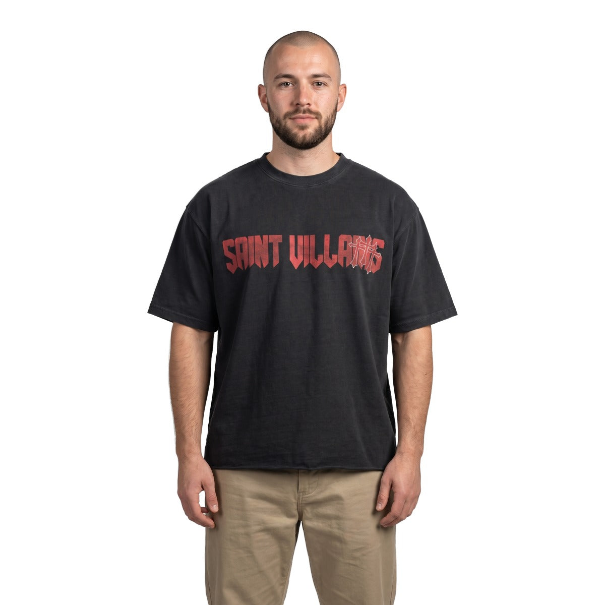 Saint Villains Crosses graphic t-shirt on model, white background