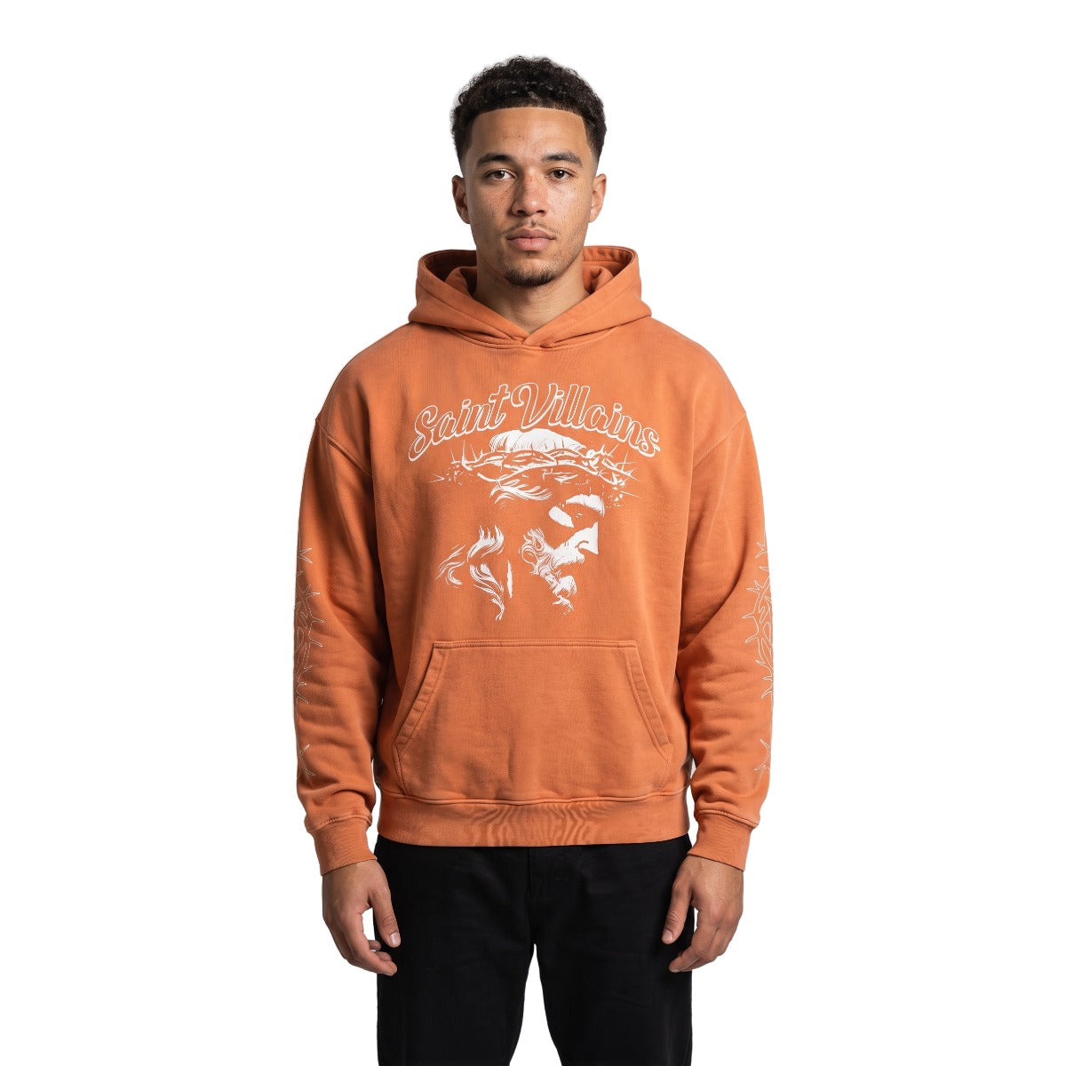 Saint Villains Orange Jesus Face hoodie on model, white background