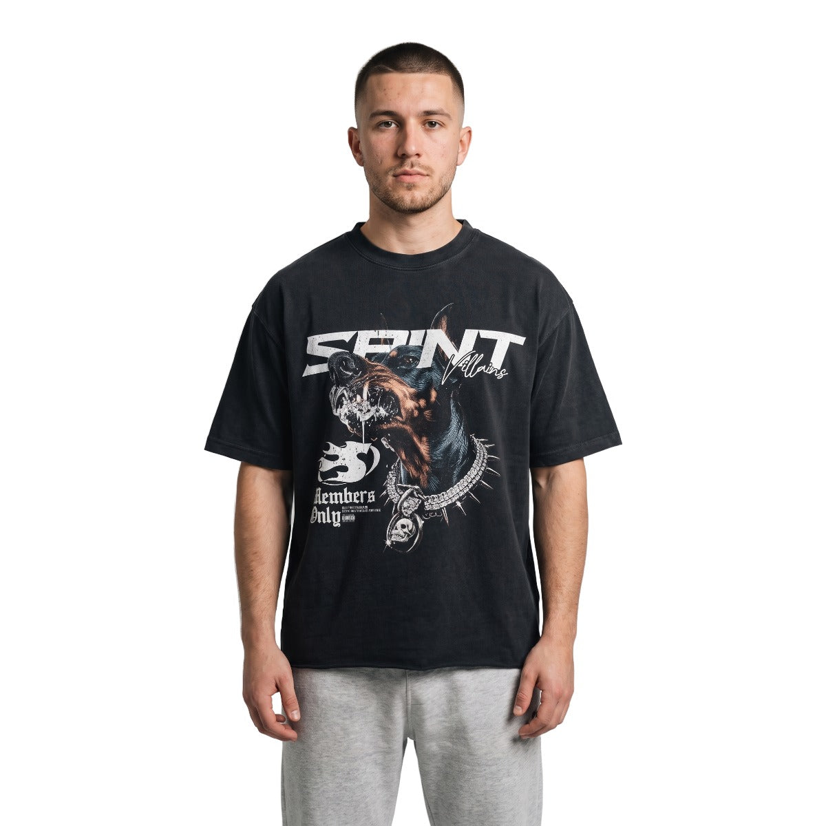 Saint Villains Black For All The Dogs oversized graphic t-shirt on model, white background