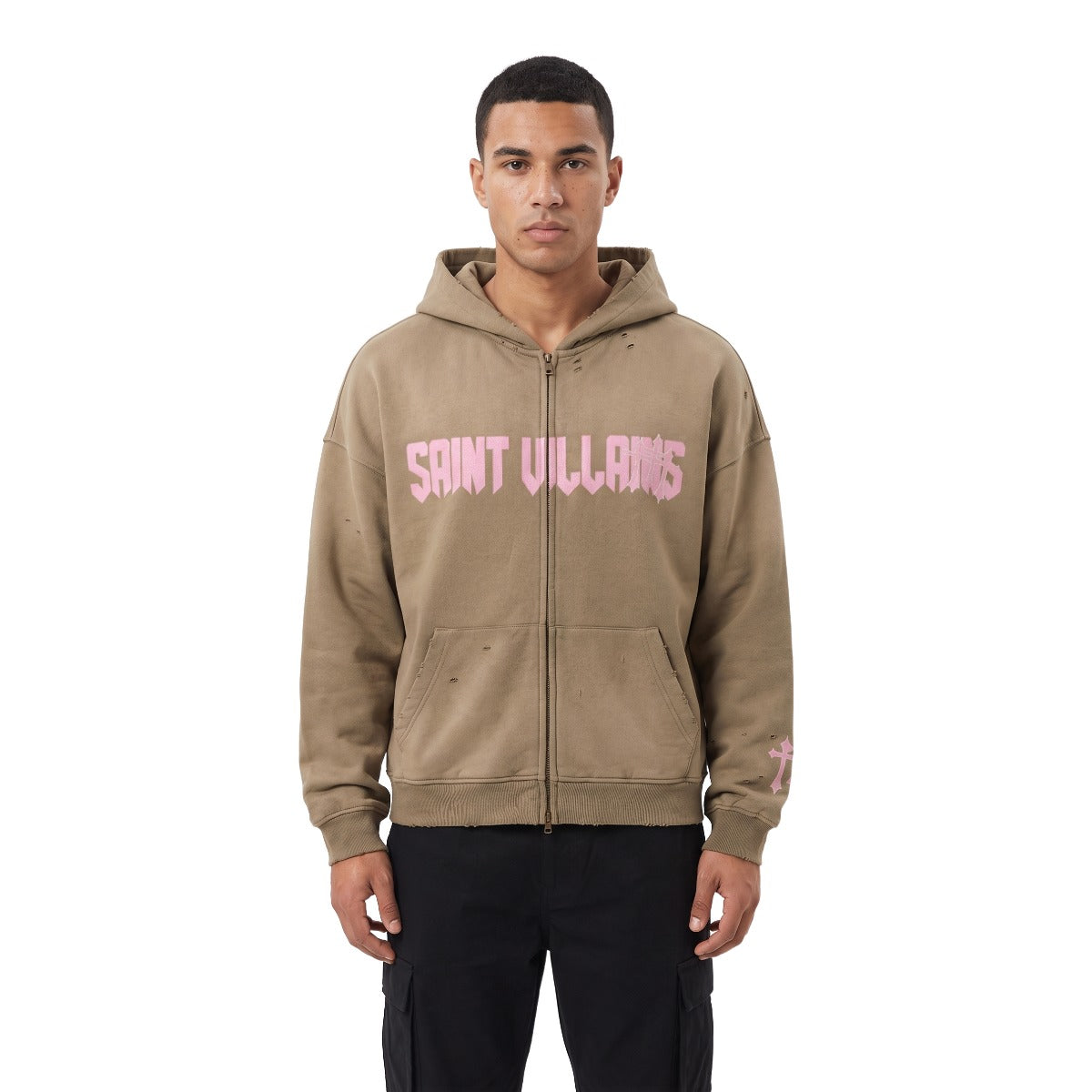 Saint Villains Tan Redemption zip hoodie on model, white background