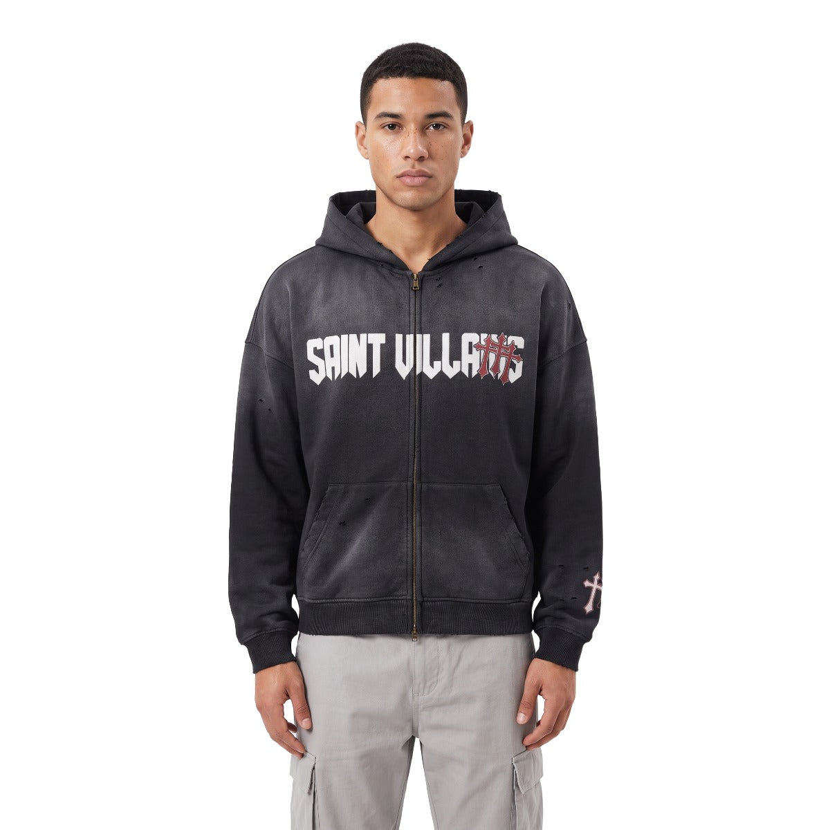Saint Villains Black Redemption zip hoodie on model, white background