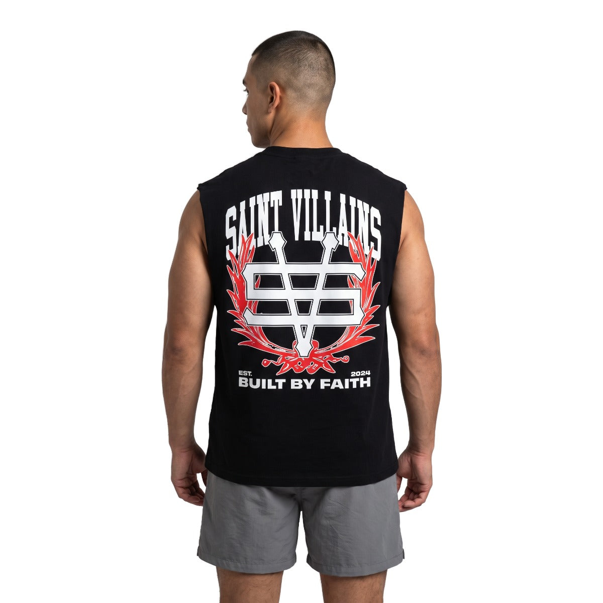 Saint Villains Built By Faith black cut off tank on model, white background