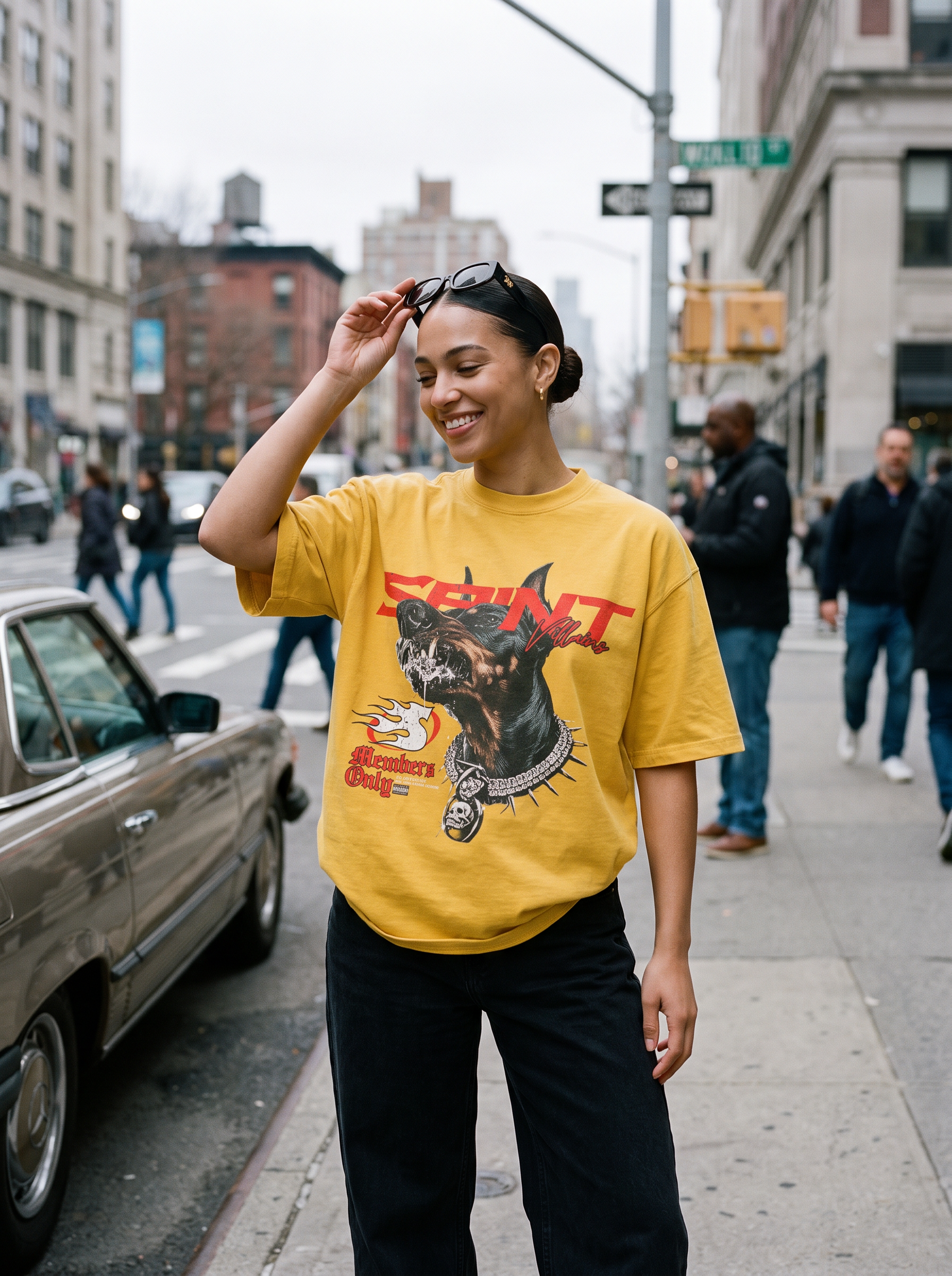 Saint Villains Red For All The Dogs tee women's streetwear outfit, street style
