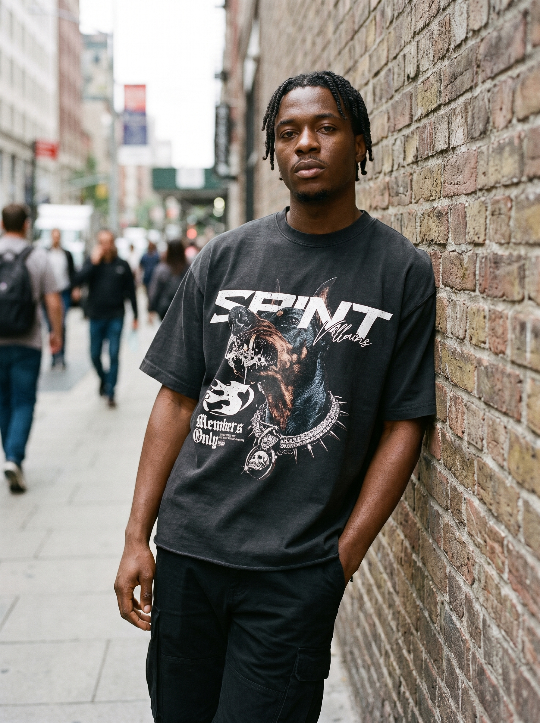 Saint Villains Black For All The Dogs graphic tee streetwear outfit, street style