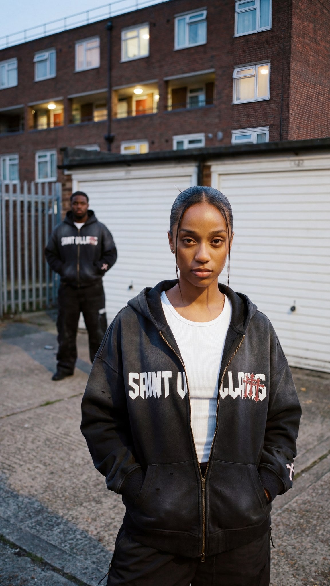 Woman wearing the Saint Villains Redemption black zip hoodie over a white tank with black cargo pants on a residential street